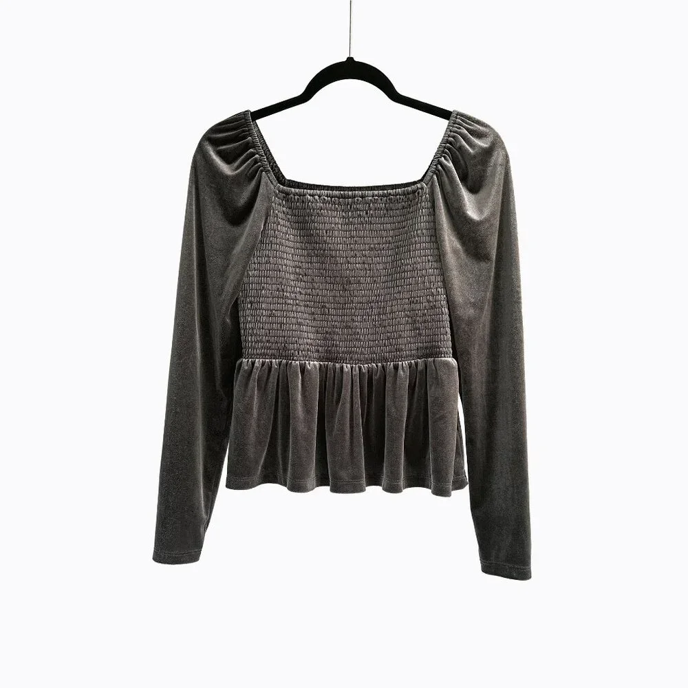 Gap Smocked Peplum Velvet Top M Puff Sleeve Brown Noir Y2K Whimsigoth 90s Grunge